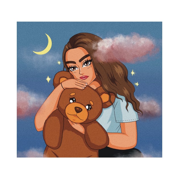 portrait girl holding a teddy bear in the clouds illustration aesthetic by maoudraw