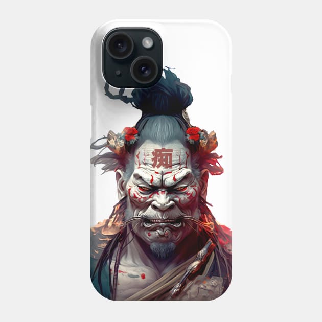 Wrath of a Samurai No. 2: Oni Transformation  -- Perturbed Samurai with the word for "Idiot", "Stupid" in kanji (痴 [chī] ) on his forehead no background Phone Case by Puff Sumo