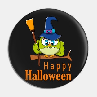 Funny Baby Owl in Witch Hat and Broomstick - Happy Halloween Pin