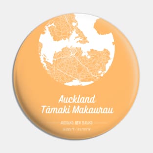 City map in golden yellow: Auckland Tamaki Makaurau, New Zealand with retro vintage flair Pin