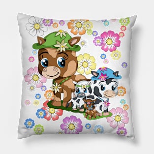 kawaii cows with flowers Pillow