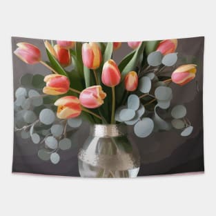 Pink Tulips and Eucalyptus Leaves in a Glass Vase Tapestry