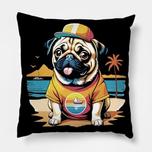 Cute Pug on Beach Vacation Pillow