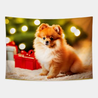 Pomeranian Puppy Dog with Christmas Gifts Tapestry