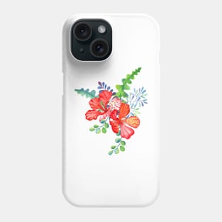 Exotic red Hibiscus flowers and tropical leaves bouquet Phone Case