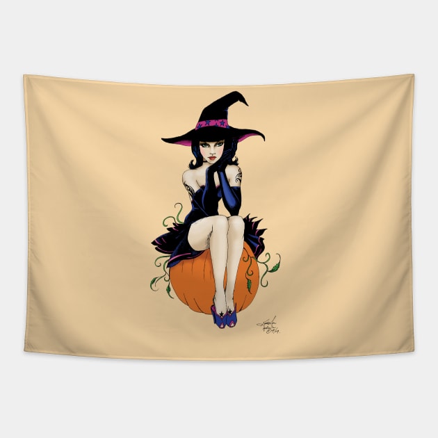 Pumpkin Witch Tapestry by tigressdragon