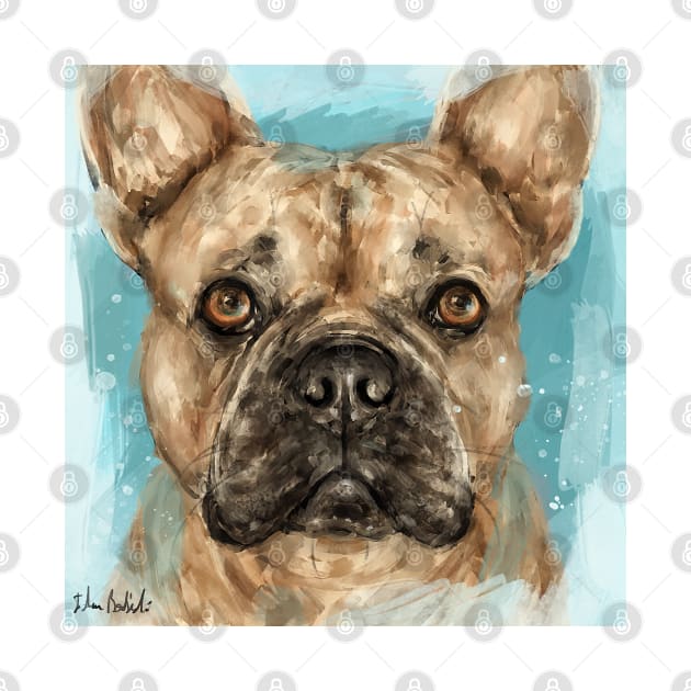 Loose Painting of a Brown French Bulldog on Light Blue Background by ibadishi