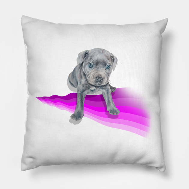 Gorgeous blue staffy pup painting on a rainbow wave - Puppy - Pillow