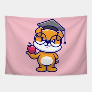 Cute Dog Holding Apple With Graduation Hat Cartoon Tapestry