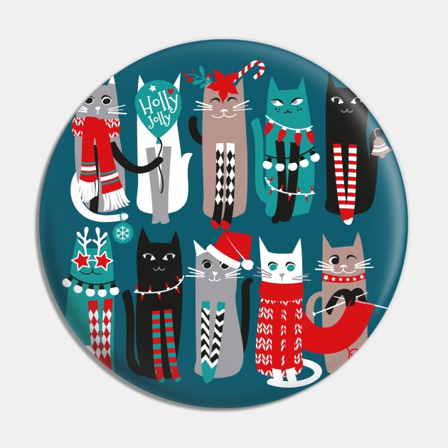 Feline Christmas vibes // print // dark teal background grey mint white brown and black kittens Pin by SelmaCardoso