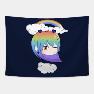 Kawaii Chibi Face Rainbow On Clouds Tapestry