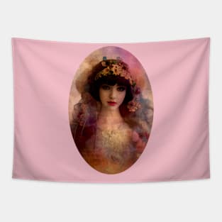 Vintage Style Portrait of Beautiful Woman in Pink & Lavender Tapestry