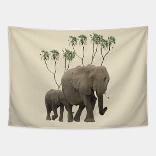 Elephant Mama + Baby + Doumpalms - Africa Tapestry