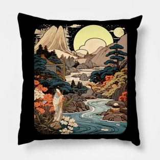 Japanese Zen Landscape Nature Scene Woodblock Painting Style Pillow