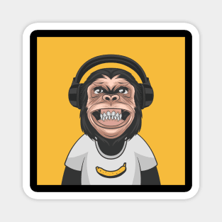 funny smiling chimpanzee ape with headphones and banana Magnet