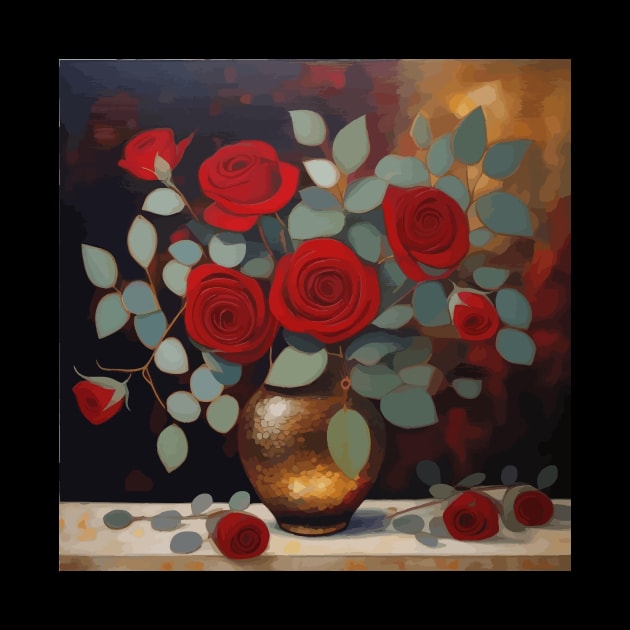 Red Roses and Eucalyptus Leaves in a Gold Vase by bragova