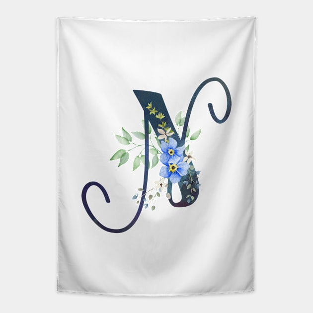 Floral Monogram N Wild Blue Flowers Tapestry by floralmonogram