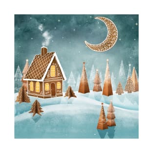 Gingerbread house moon and trees watercolor illustration. Fantasy candy world Christmas decorations. Snow hills. Magic winter forest T-Shirt