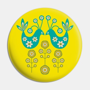 LOVE BIRDS Folk Art Mid-Century Modern Scandi Floral With Birds Flowers Feathers in Turquoise Cream Green Yellow - UnBlink Studio by Jackie Tahara Pin