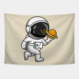 Cute Astronaut Holding Planet Cartoon Tapestry