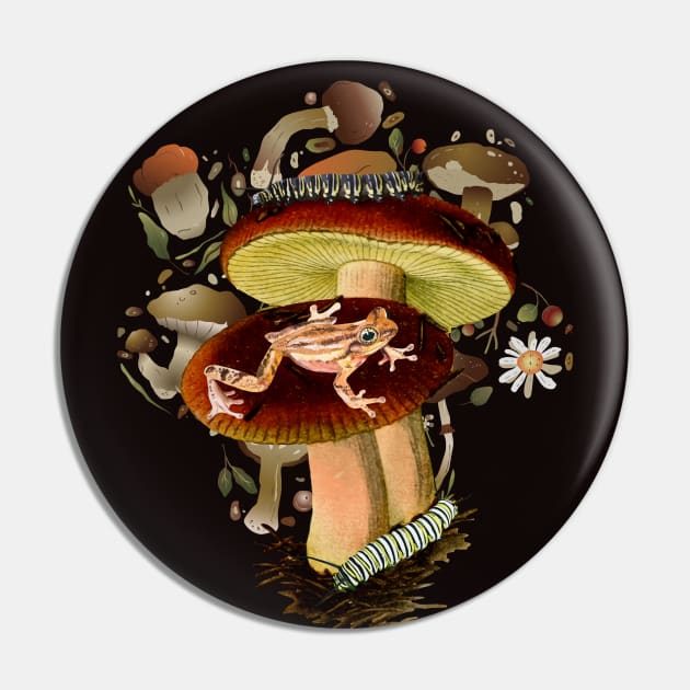 Goblincore Mushrooms, Caterpillars and Frog Pin by Souls.Print