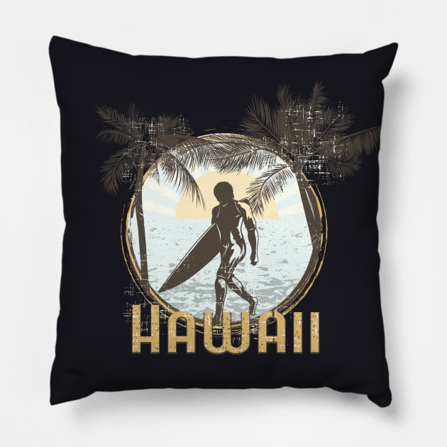 Hawaii Surfing Surfer Beach Illustration Pillow by Foxxy Merch