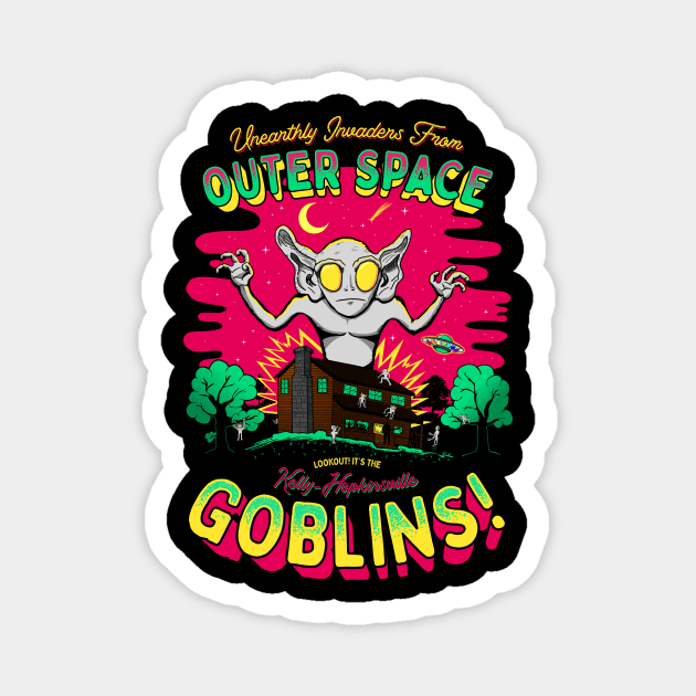 Unearthly Invaders from Outer Space, Lookout! It's the Kelly-Hopkinsville Goblins Cute Cryptid Aliens Magnet by Strangeology