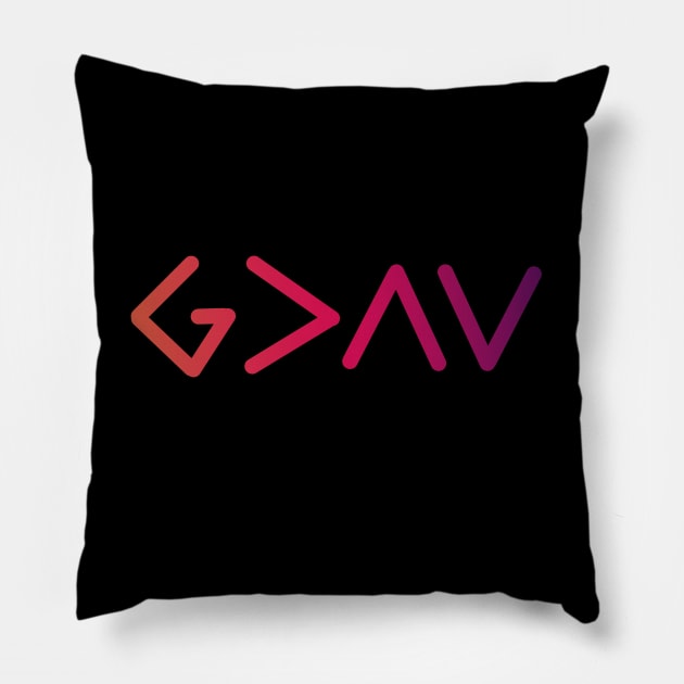 God is greater than the highs and the lows from Romans 8:28, gradient pink text Pillow by Selah Shop