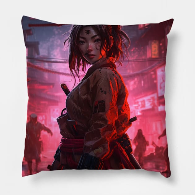 Cyberpunk Female Samurai Sakura Pillow by Nightarcade