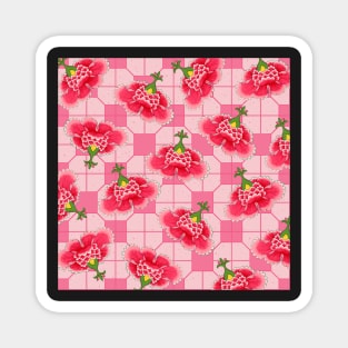 Chinese Vintage Pink and Red Flowers with Blush Pink Tile - Hong Kong Traditional Floral Pattern Magnet