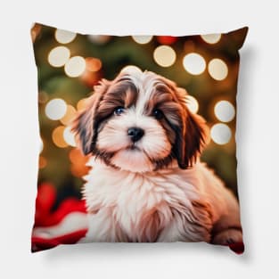 Cute Havanese Puppy Dog by Christmas Tree Pillow