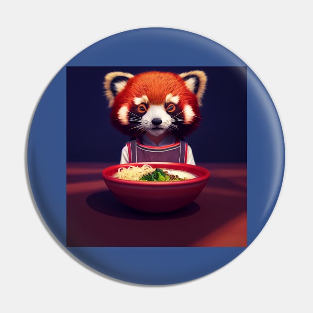 Kawaii Red Panda Eating Ramen Pin by Grassroots Green