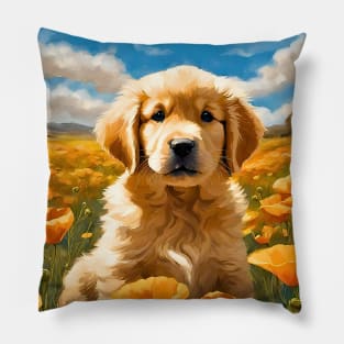 California Poppy Golden Retriever Puppy Pillow