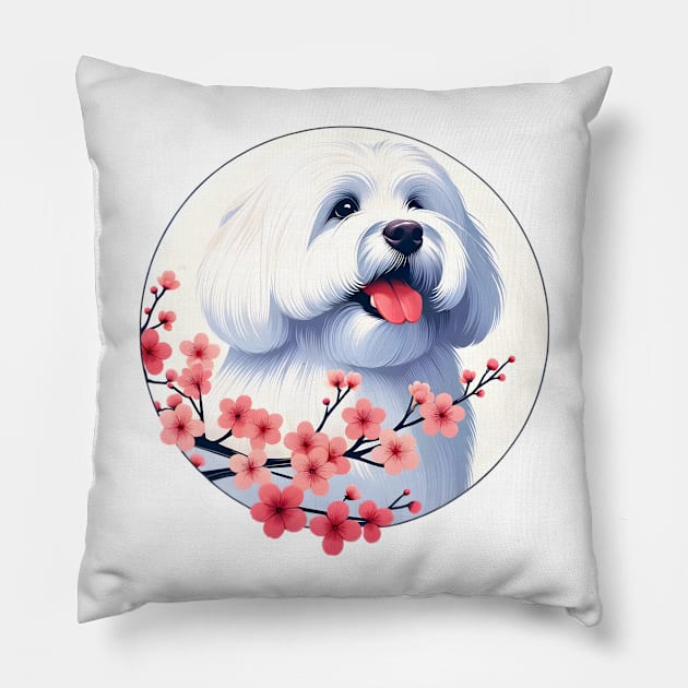 Coton de Tulear Enjoying Spring Cherry Blossoms Pillow by ArtRUs