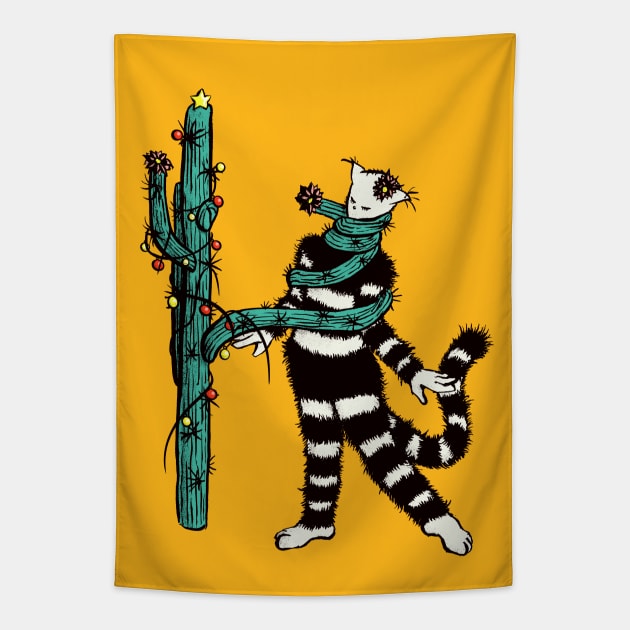 Christmas Cactus Hugs Cute Kitty Tapestry by Boriana Giormova