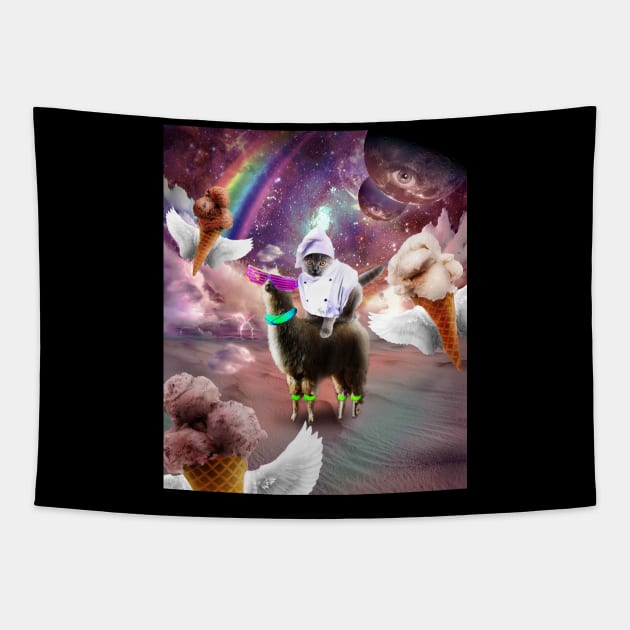 Cat Riding Llama With Flying Space Ice Cream Tapestry by Random Galaxy