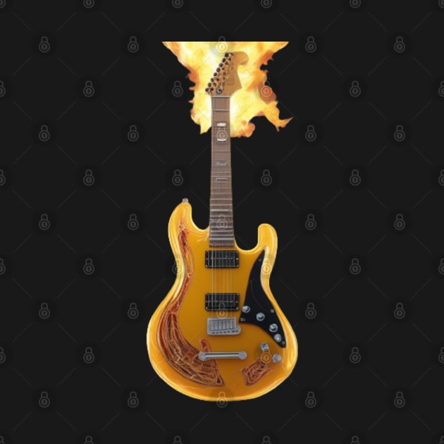 A Futuristic Yellow Guitar With Flames Developing Around The Neck by Musical Art By Andrew