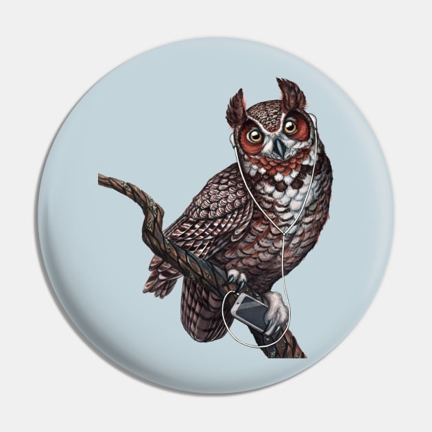 Great Horned Owl with Headphones Pin by JadaFitch