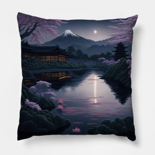 Serene Mount Fuji Sunset - Peaceful River Scenery - Lotus Flowers Pillow