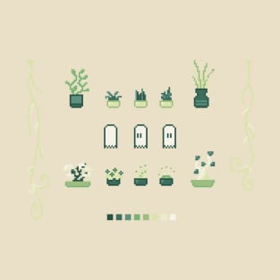 Pixel Art Plants and Ghost Green T-Shirt