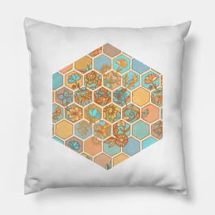 Golden Honeycomb Tangle - hexagon doodle in peach, blue, mint & cream Pillow
