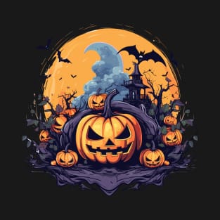 Haunted Pumpkins and Spooky Manor Under the Halloween Full Moon T-Shirt