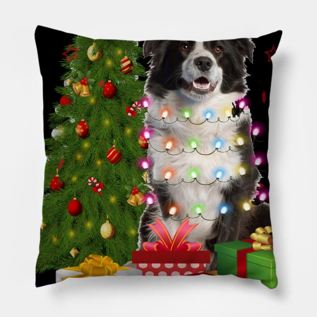 Border Collie Christmas Tree Santa Hat Funny Xmas Gift Dog T-Shirt Pillow by CoolTees