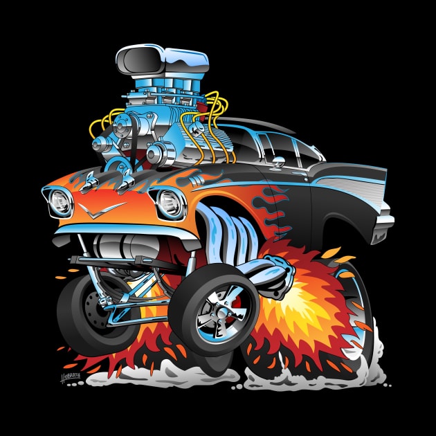 Classic hot rod fifties style gasser drag racing muscle car, red hot flames, big engine, lots of chrome, cartoon illustration by hobrath