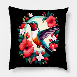 Cute Ruby Throated Hummingbird Surrounded by Spring Flowers Pillow