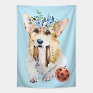 Cute Corgi with ball Watercolor art Tapestry