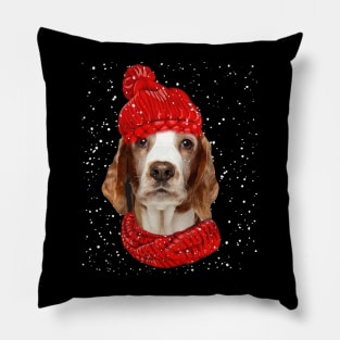 Welsh Springer Spaniel Wearing Red Hat And Scarf Christmas Pillow