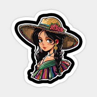 Cinco de mayo cute mexican anime girl with colorful sumbrero Magnet