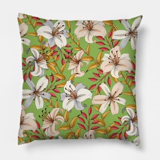 Lily Flower Pattern On Green Pillow