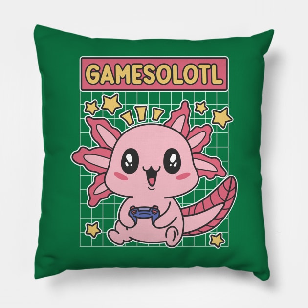 Gamesolotl Kawaii Baby Axolotl Playing Video Games Pillow by Cuteness Klub